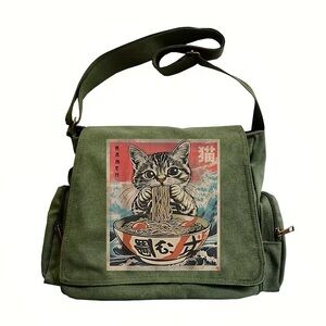 Vintage Japanese Cat Eating Ramen Messenger Bag Army Green w/Adjustable Strap